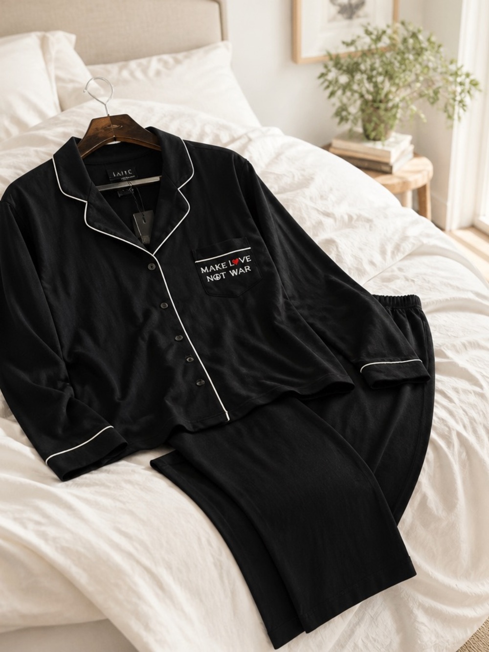 MAKE LOVE NOT WAR Black Women's Pajama Set